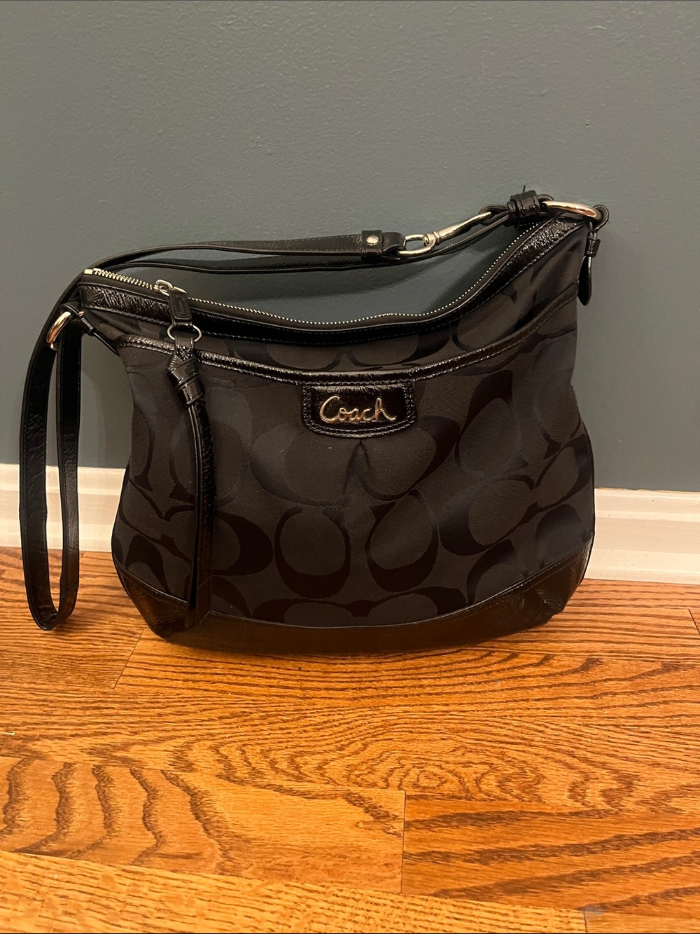 COACH Shoulder Bag Signature Leather Canvas F19727 Black COA